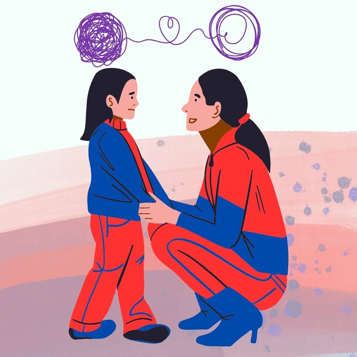 cartoon of mom kneeling to talk to daughter